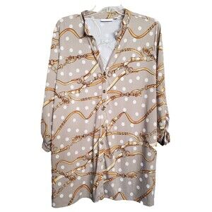 Susan Graver LiquidKnit Bridle Chain Print Button-Up Tunic Size 1X